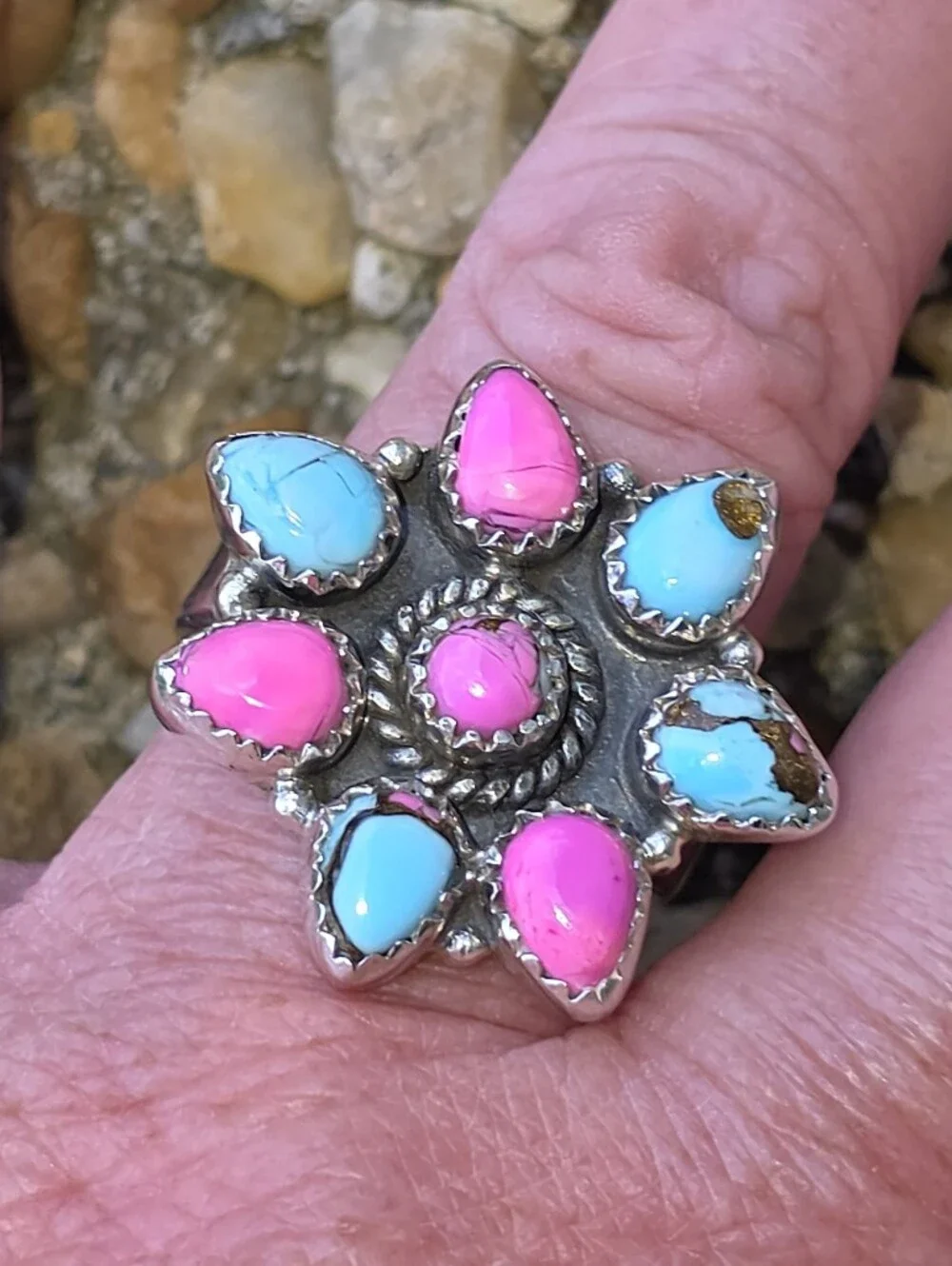 Cotton Candy Turquoise Gemstone Ring In 925 Sterling Silver (Adjustable)